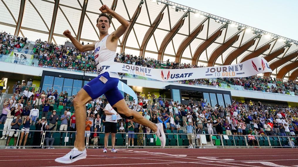 Kenneth Rooks crosses the finish line to win the men's 3000 meter steeplechase final during the U.S. track and field championships in Eugene, Ore., Saturday, July 8, 2023. (AP Photo/Ashley Landis)