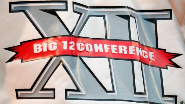 FILE - The Big 12 Conference logo is seen during the first quarter of an NCAA college football game between Missouri and Western Illinois, Sept. 17, 2011, in Columbia, Mo. Colorado is leaving the Pac-12 to return to the conference the Buffaloes jilted a dozen years ago, and the Big 12 celebrated the reunion with a two-word statement released through Commissioner Brett Yomark: âTheyâre back.â (AP Photo/Jeff Roberson, File)