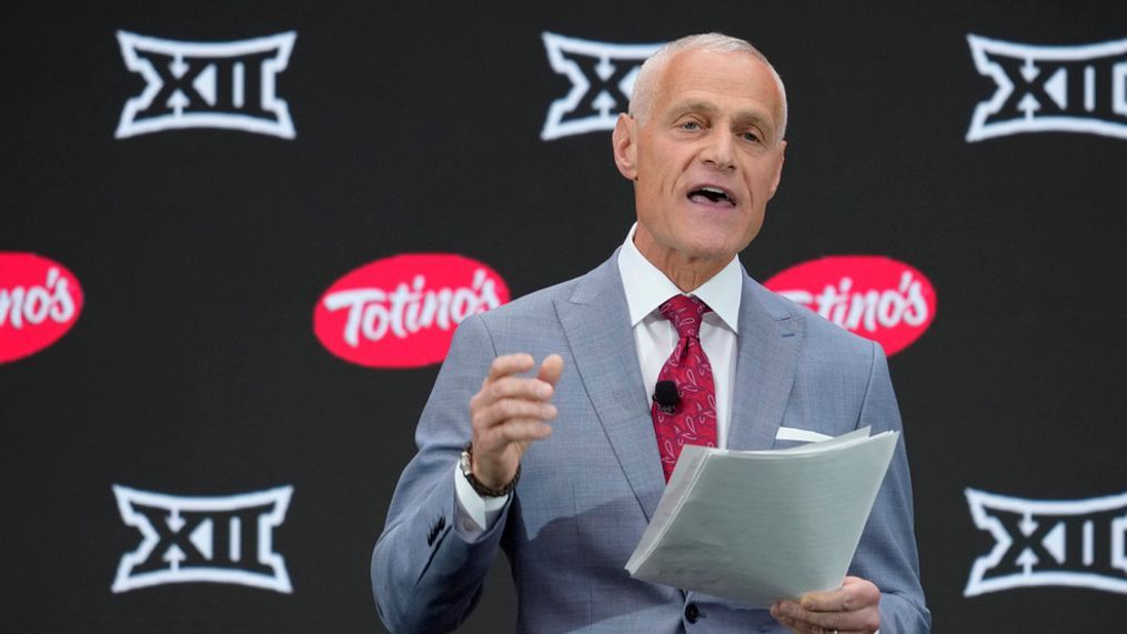 Big 12 Commissioner Brett Yormark speaks during Big 12 NCAA college football media days in Las Vegas Tuesday, July 9, 2024. (AP Photo/Lucas Peltier)