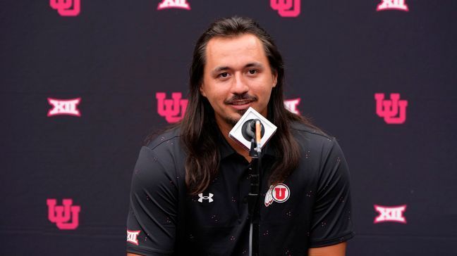 Utah quarterback Cameron Rising answers questions from the media during the Big 12 NCAA college football media days in Las Vegas, Tuesday, July 9, 2024. (AP Photo/Lucas Peltier)