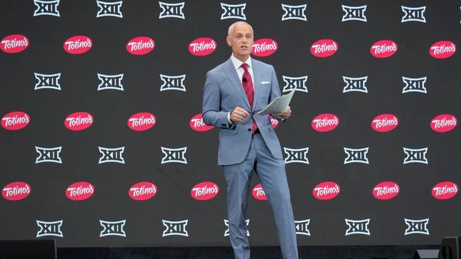 Big 12 Commissioner Brett Yormark speaks during Big 12 NCAA college football media days in Las Vegas Tuesday, July 9, 2024. (AP Photo/Lucas Peltier)