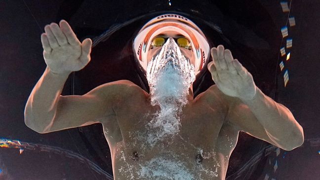 Petar Petrov Mitsin, of Bulgaria, competes during a heat in the men's 200-meter butterfly at the 2024 Summer Olympics, Tuesday, July 30, 2024, in Nanterre, France. (AP Photo/David J. Phillip)