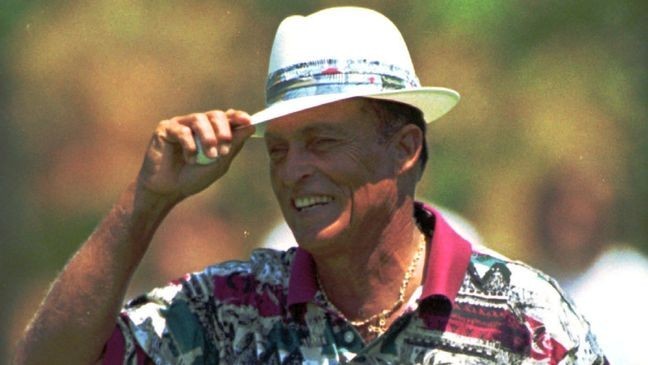 FILE - Chi Chi Rodriquez gives a tip of the hat to the gallery at the ninth at the TCP at Piper Glen course in Charlotte, N.C. during the Paine Webber Invitational Pro-Am, Thursday, May 2, 1996. (AP Photo/Peter A. Harris, File)