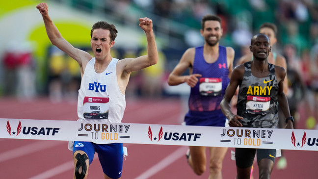 Kenneth Rooks crosses the finish line to win the men's 3000 meter steeplechase final during the U.S. track and field championships in Eugene, Ore., Saturday, July 8, 2023. (AP Photo/Ashley Landis)