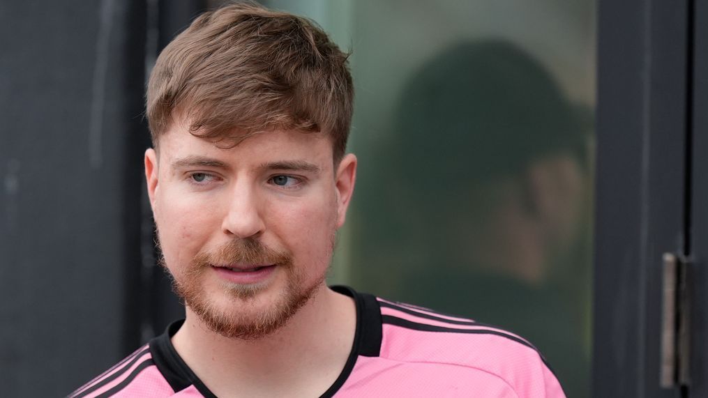 Jimmy Donaldson, the YouTube star known as MrBeast, stands in a sideline box at an MLS soccer match on March 10, 2024, in Fort Lauderdale, Fla. (AP Photo/Rebecca Blackwell, File)