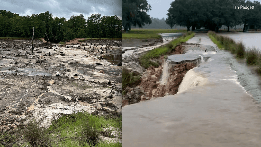 AUG. 7, 2024 - Ponds in Colleton County, South Carolina, were drained after two dikes failed amid flooding and heavy rain from Tropical Storm Debby. (Photo: WLOS Staff)